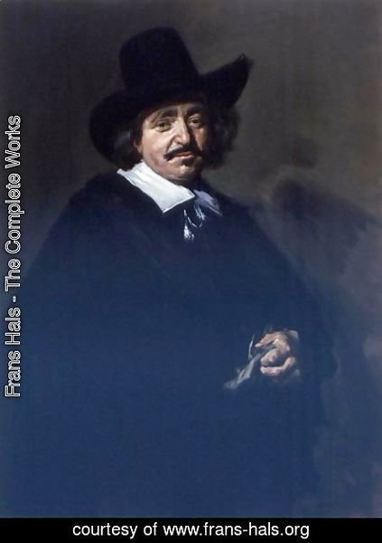 Frans Hals - Portrait Of A Gentleman, Three-Quarter Length, In A Black Coat And Cape With A Black Hat, Holding Gloves