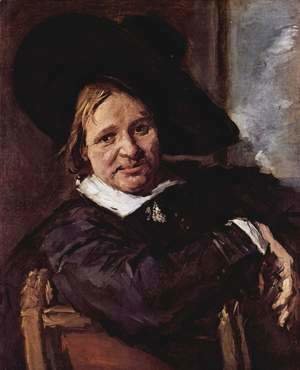 Portrait of a seated man with slanted hat, his right arm on the chair