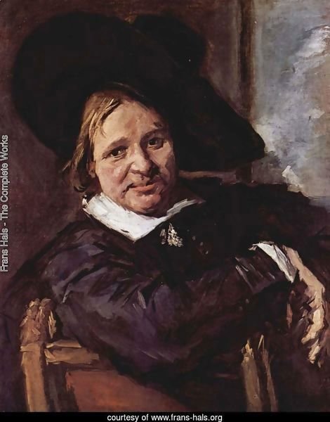 Portrait of a seated man with slanted hat, his right arm on the chair