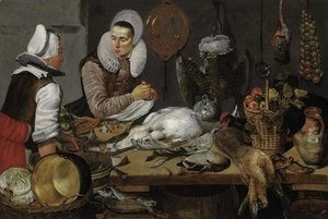 A Kitchen Interior with a Maid and a Lady Preparing Game